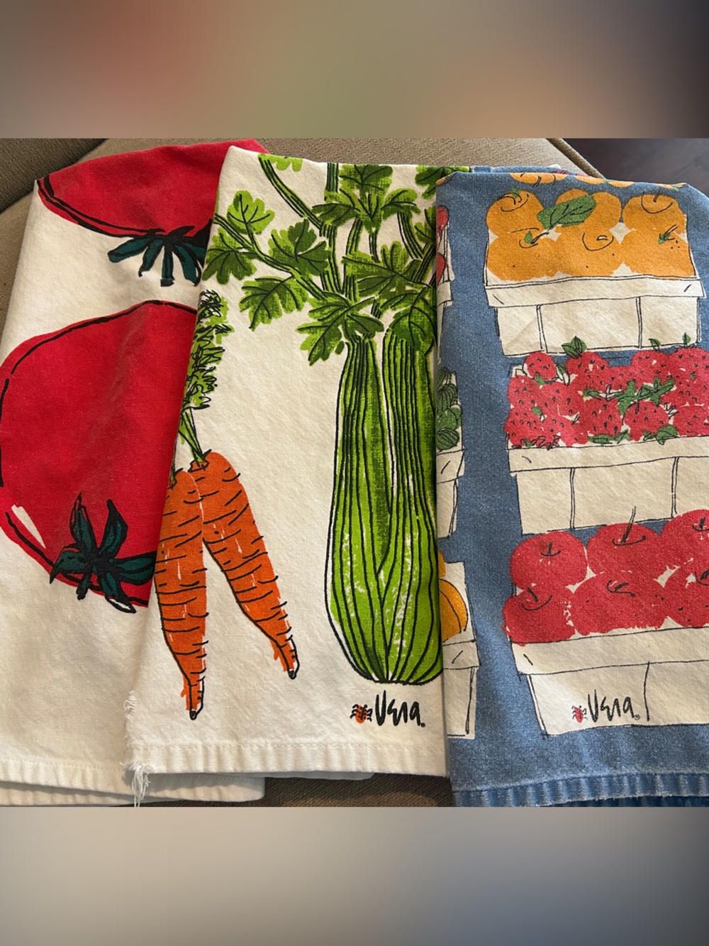 Crate&Barrel Market Vegetable Printed Kitchen Towels - Red, Orange, Green, Blue